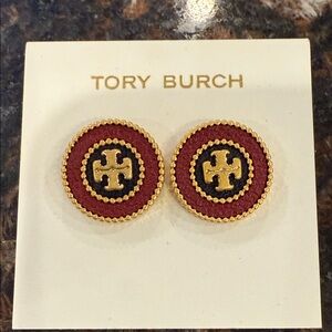 Tory Burch Red and Gold Circle Stud Earrings